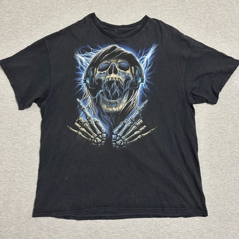 Y2K Skull‎ Headphones Lightning Bolt Graphic Tee Black Grim Reaper Rock XL